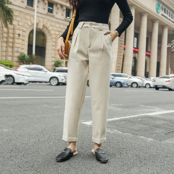 

women's pants & capris 2021 autumn winter korean wide leg thicken trousers casual woolen women ladies elegant harem loose pantalon muje, Black;white