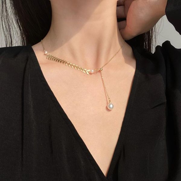 

chokers golden wheat ear necklace pearl pendant choker fashion personality asymmetrical collarbone chain for women jewelry charms gift, Golden;silver