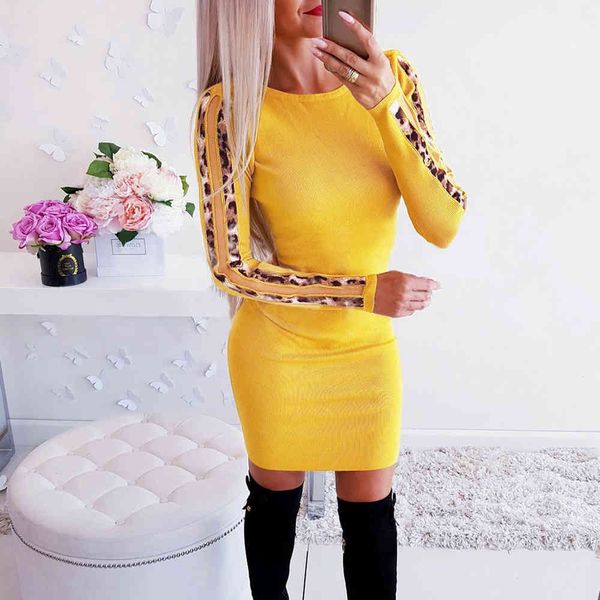 Giallo sexy leopardo patchwok maglia pacchetto anca abito lavorato a maglia manica lunga mini abiti aderenti per l'autunno a vita alta donna vestido 210507