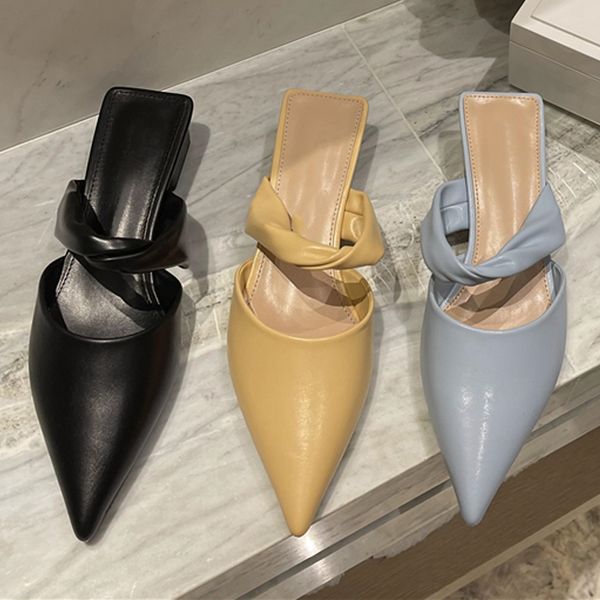 

2021 women slippers fashion pointed toe thick low heels sandals slippers shoes woman casuals female slip on mules heel slides, Black