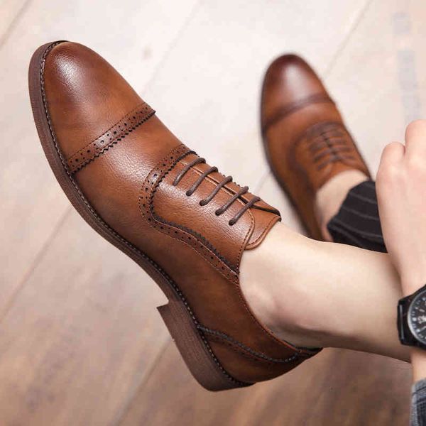 

dress shoes men oxford leather fashion business wedding party shoes men brogue lace up brogue flats male casual r2bn, Black