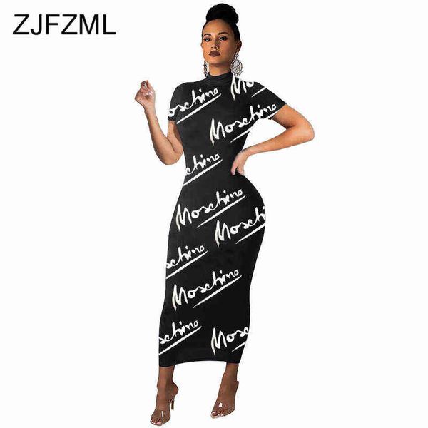 Lettera Stampa Sexy Long Bendage Dress Delle Donne Manica Corta Abito aderente ad alta vita Abito Bodycon 2021 Summer Plus Size Skinny Club Abiti G1214