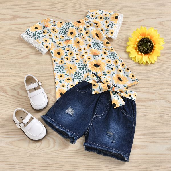 

new factory price fashion childrens sunflower leopard print wide-neck strapped ripped denim shorts two-piece suit, White