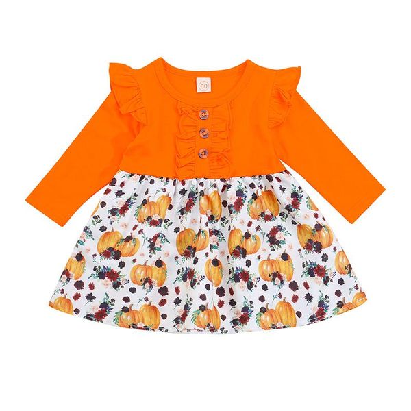 

girl's dresses halloween little girls dress breathable pumpkin floral printing splicing long sleeve round collar princess 1-4years, Red;yellow