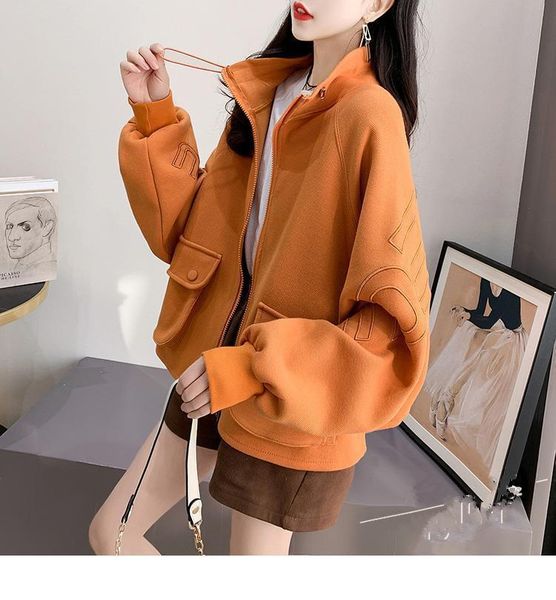 

women spring autumn loose plus size sweatshirt female solid casual long sleeve zipper pocket jacket harajuku cardigan coat women's jac, Black;brown
