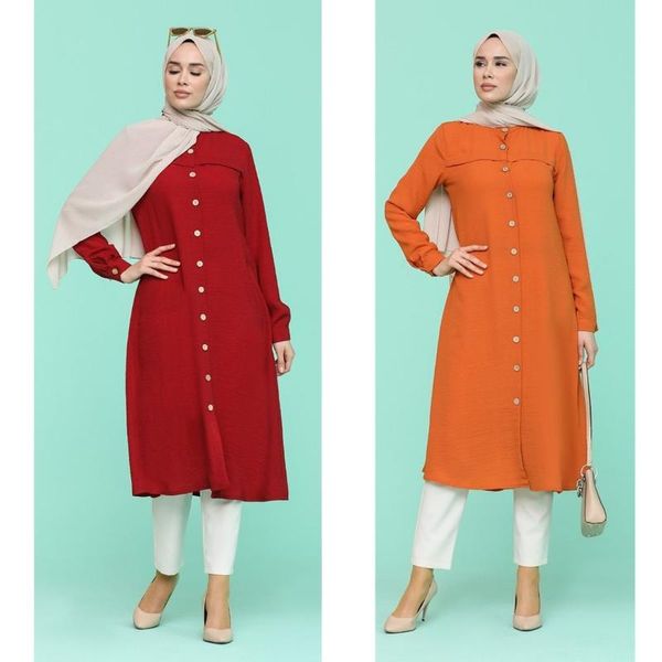 

ethnic clothing aerobin fabric buttoned tunic plain unlined long sleeve zero collar season solid color women muslim fashion hijab, Red