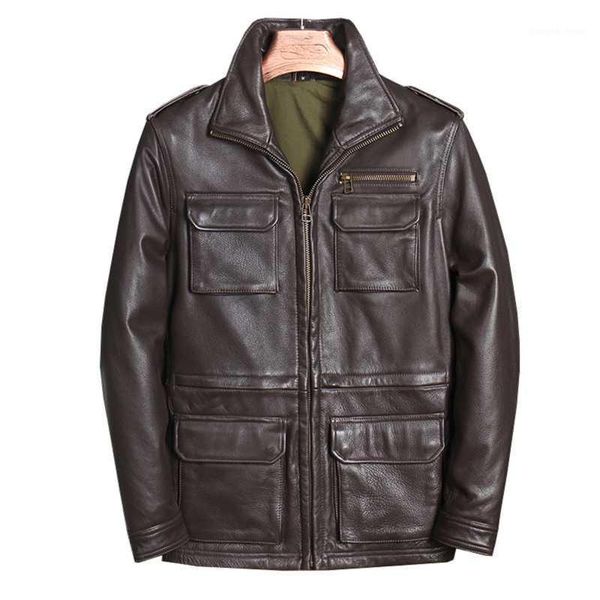 

men's leather & faux 2021 brown safari style genuine jacket men four pockets plus size 5xl real natural cowhide autumn slim fit militar, Black
