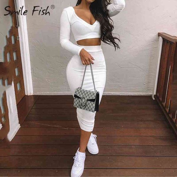 

two piece setsv-neck long sleeve crop knitted long skirt party women sets wrap club bodycon 2 pieces outfits gv839 210407, White