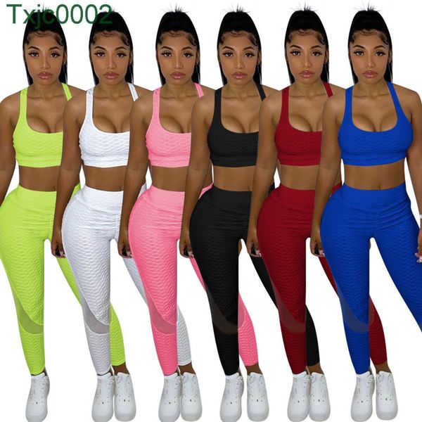 Mulheres Tracksuits Dois Peças Definir Designer Sem Mangas T-shirt Calças Sólida Cor Net Perspectiva Perspectiva Jogger Define roupas Yoga Plus Size