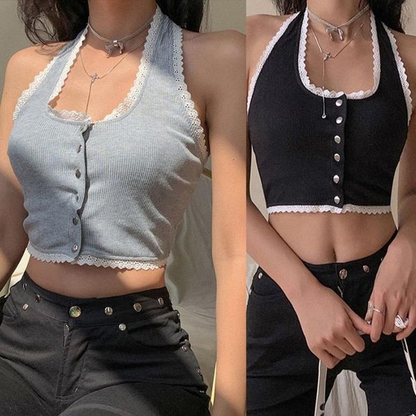 

women's tanks & camis women halter button crop sweet lace trim ribbed knit slim vest l41b, White