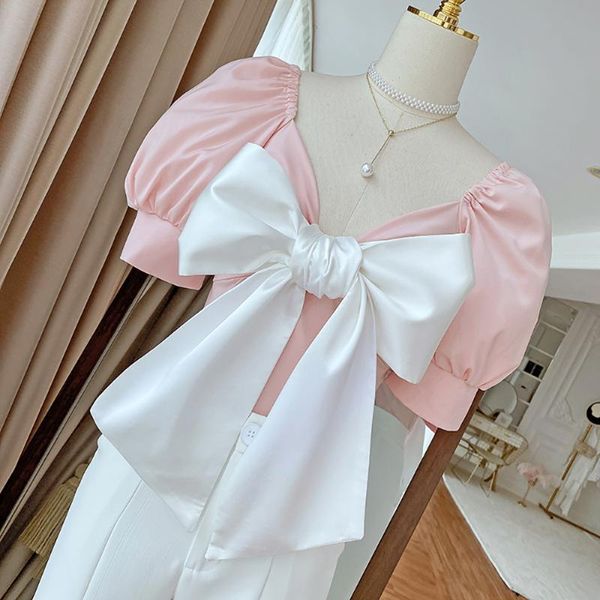 

women's blouses & shirts fashion big bow white pink black short women casual elegant slim puff sleeve cropped summer crop