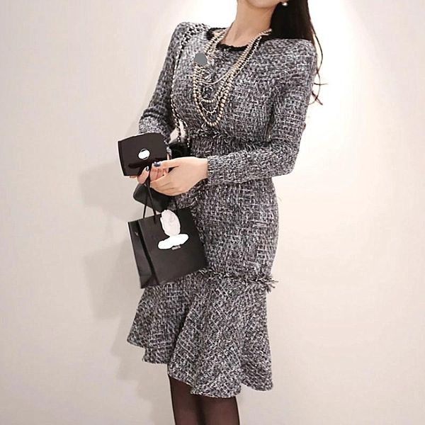 

casual dresses 2021 winter fashion bodycon mermaid women retro tassel tweed dress office lady ol work wear vestidos, Black;gray