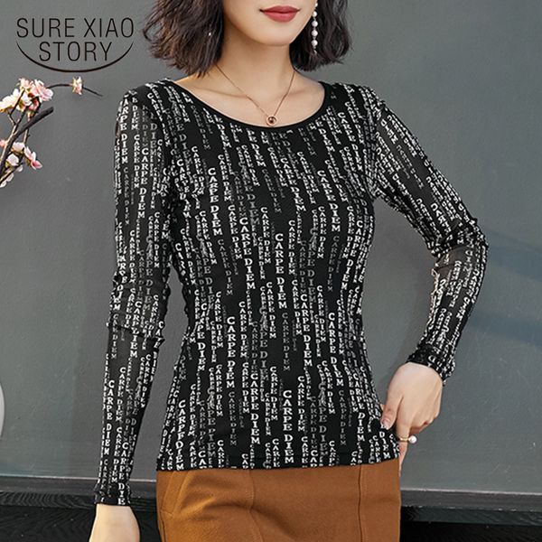 

fashion slim mesh korean print hollow long sleeve women and blouses plus size shirts ladies female 8240 50 210510, White