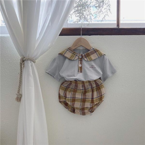 

born baby clothing set 2021 summer korean boy suit plaid navy collar + short toddler girl 2-pieces sets, White