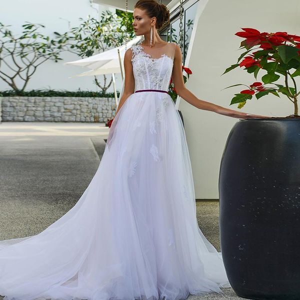 

other wedding dresses sheer sleeveless see through neckline applique dress illusion lace court train with belt, White