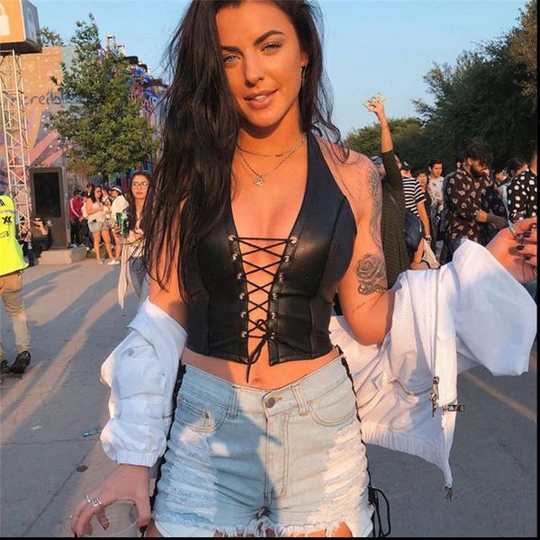 

women tank slit v neck bandage pu backless halter crop sleeveless party club bodycon camis vintage skinny tanks, White