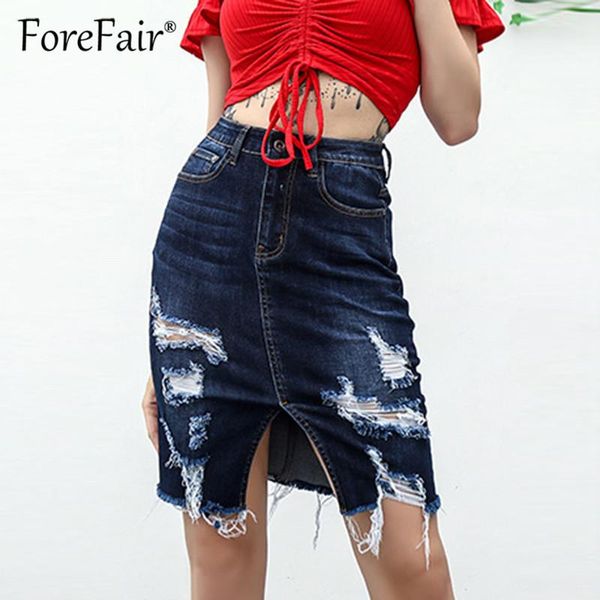 

skirts forefair front split ripped tassel hole denim women 2021 summer bodycon skirt dark blue slit high waist jean, Black