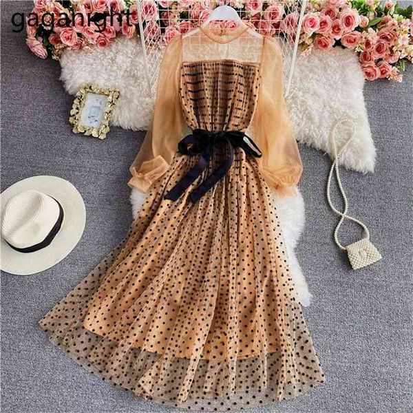 

sweet women vintage polka dot maxi dress long sleeve mesh chiffon dresses female fashion summer robe girls vestidos 210601, Black;gray