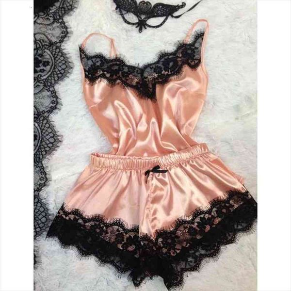 

womens sleepwear lace satin pajama sets nightwear sleeveless shorts 2 pcs sets pyjama for women pijama, Black;red