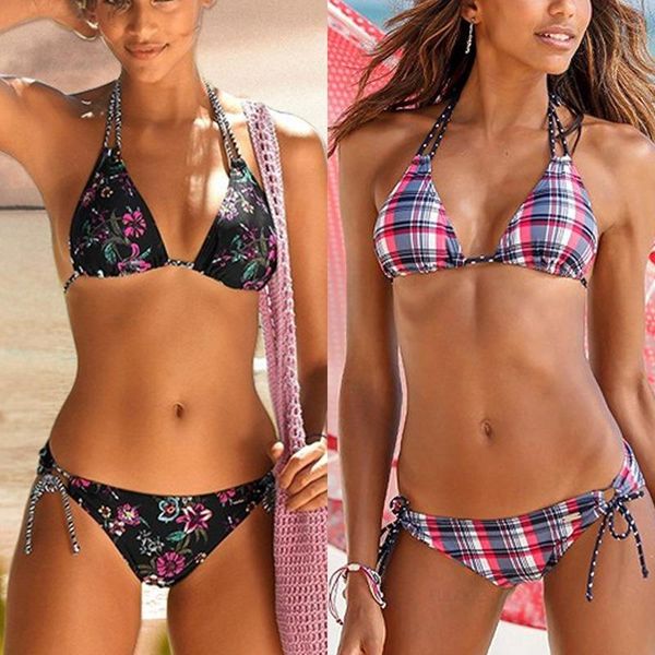 

halter swimsuit lattice floral quick dry tight backless triangle bikini two piece swimwear women bathing suit one-piece suits