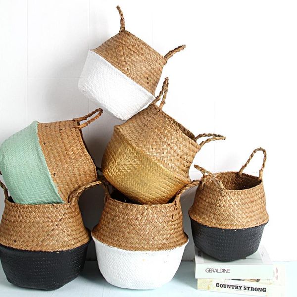 

handmade seagrass storage basket straw write wicker bag white garden flower pot planter planters & pots
