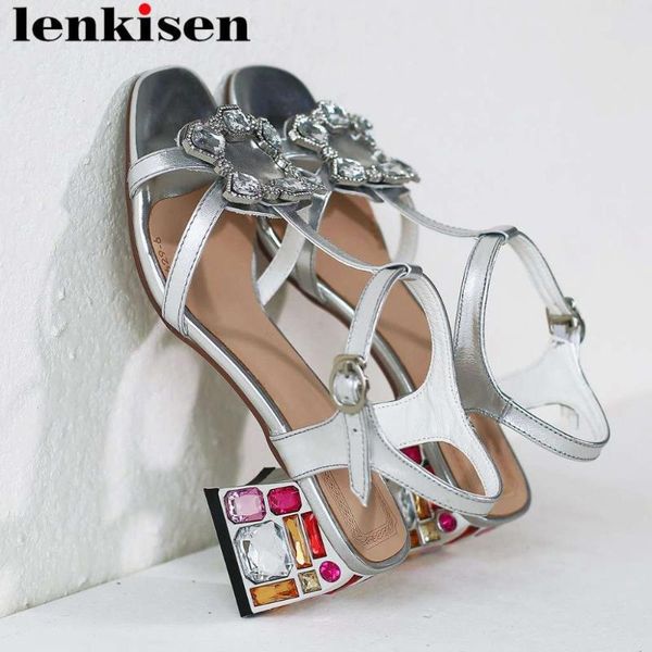 

lenkisen cow leather high heels colorful crystals dcoration buckle strap peep square toe gladiator shoes big size sandals l32, Black