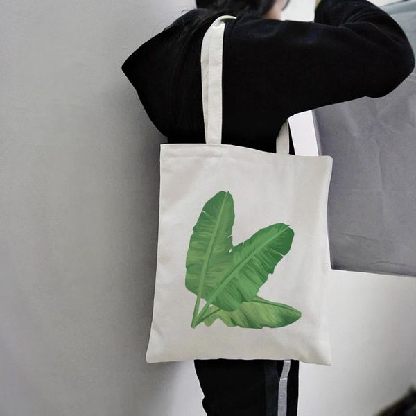

storage bags 2021 women's plant printing shopper canvas bag casual shopping daily use eco reusable tote travel beach handbag