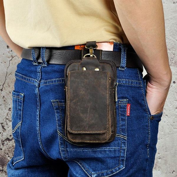 

men casual design small waist bag cowhide fashion hook bum belt pack cigarette case 5.5" phone pouch bags