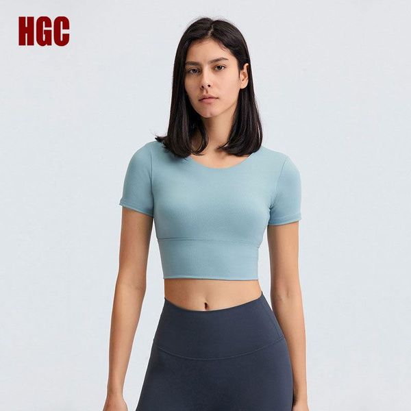 

yoga outfit hgc sports women short sleeve summer t-shirt with padded open back crop fitness gym breathable running vest