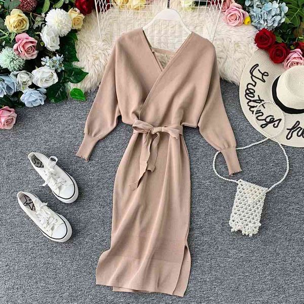 

casual dresses fall office ladies knitted v-neck loose mid-calf long sleeves pencil women vintage bowknot sashes slim middle m3q4, Black;gray