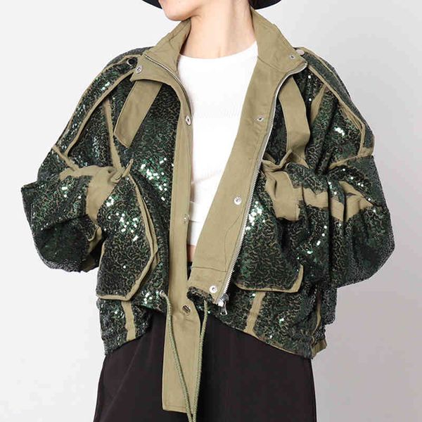 

women's jackets long sleeve ovesized jacket women vintage green sequin embroidery pocket autumn coat outwear parkas a5qu, Black;brown