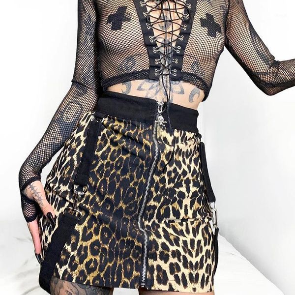 

skirts metal skull zipper mall goth emo mini skirt with ribbons for women gothic punk girls high waisted cheetah print suspender, Black