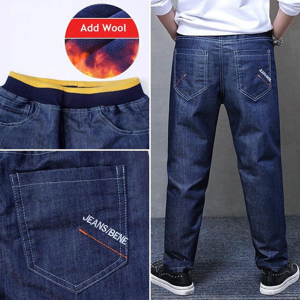 

boy winter pants jeans add wool trousers for big kids cotton children warm dernim fleece clothes 16y, Blue