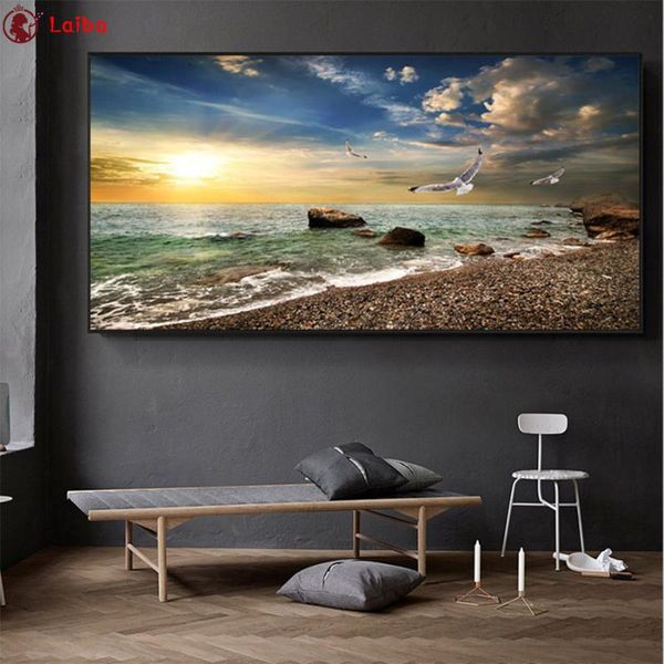 

diamond painting diy natural scenery, sea sunrise, flying birds embroidery 5d mosaic needlework cross stitch