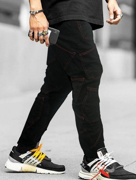 

men contrast titching pocket patched jeans v9fl#, Blue