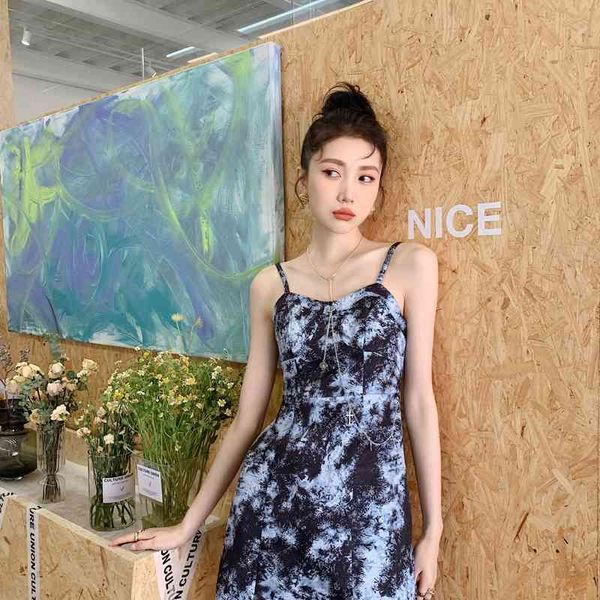 

casual dresses tie dye backless women summer 2021 spaghetti strap a line mini jumper slip dress tight sundress clothing hcew, Black;gray