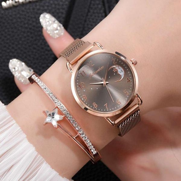 

wristwatches luxury watch for women rose gold mesh strap women's fashion watches simple numbers dial quartz clock reloj, Slivery;brown