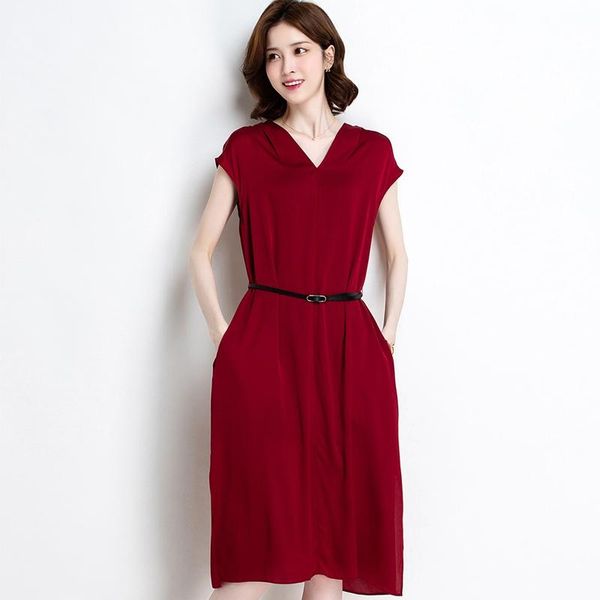 

party dresses [silk material] 2021 summer solid color v-neck short-sleeved straight mulberry silk dress pure simple waist, White;black