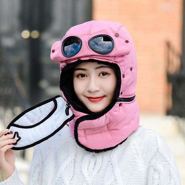 

selling winter trapper hat with goggles ear flap thermal neck warmer cotton polyster outwear outdoor hats, Black;white