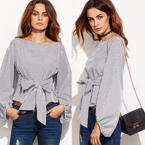 

women's blouses & shirts fashion women ladies off shoulder long sleeve big bow striped blouse cotton clothes o-neck soft clothing, White