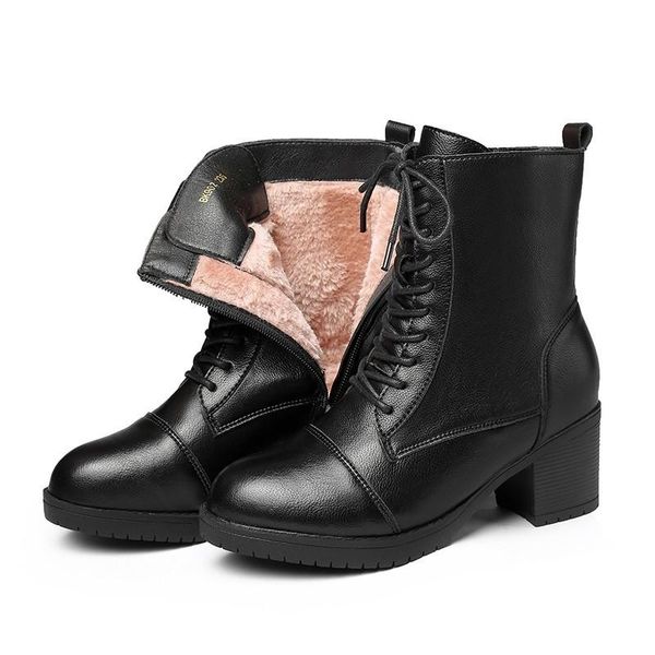 

winter woman boots ladies black leather ankle square high heels fmale heel platform zipper women's shoes