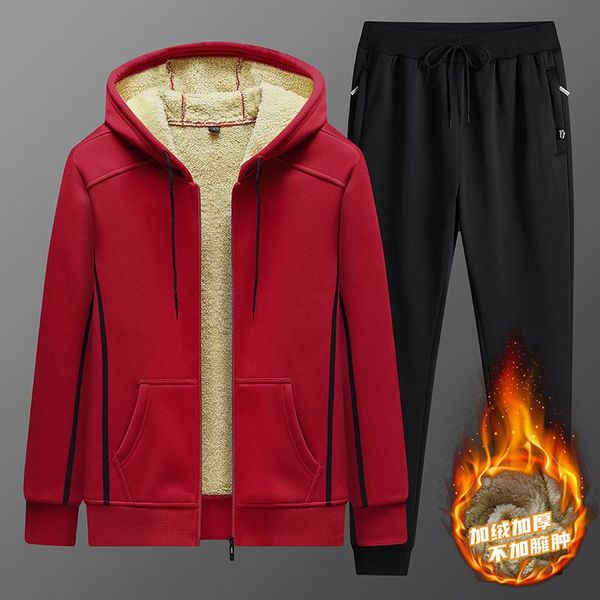 

jogging clothing men winter fleece sets mens thick hoodies+pants suit man hooded sweatshirt sportswear tracksuits male hoodie sweatsuits siz, Black;red