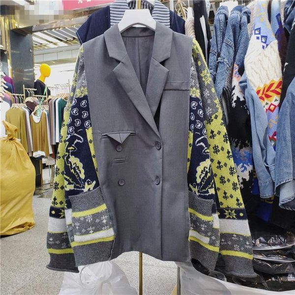 

women's suits & blazers seebeautiful printed knitted spliced loose blazer coat notched long sleeve double breasted women winter 2021 fa, White;black