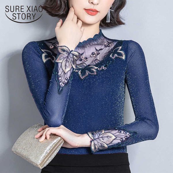 

blusas mujer de moda women's autumn/winter long-sleeved trim lace embroidered mesh short thin women shirts 7756 50 210528, White