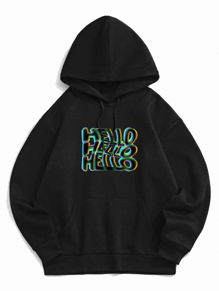 

romwe guys letter graphic drawstring hoodie w2h2#, Black