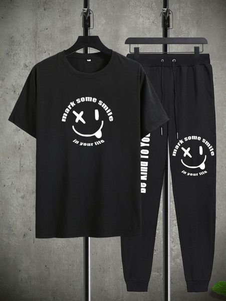 

men slogan and cartoon face print tee & drawstring waist sweatpants i3xi#, Gray