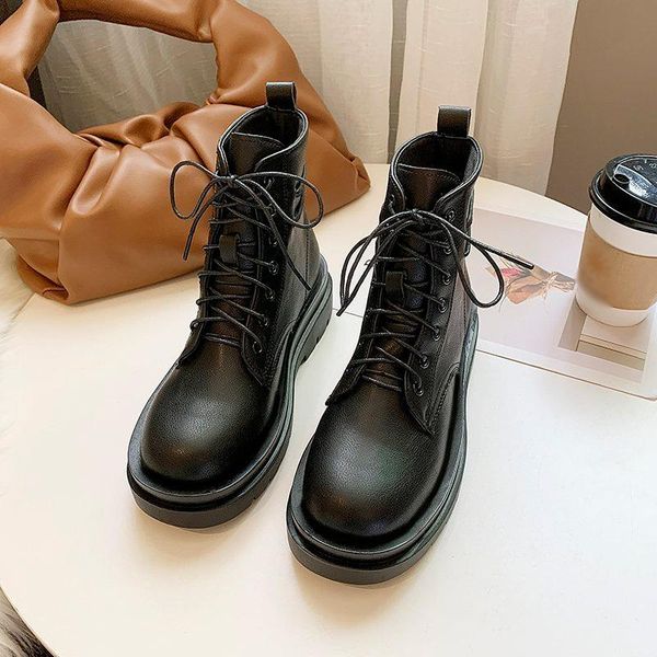 

boots platform round toe women autumn winter shoes 2021 women's pu thick bottom lace up non-slip fashion ladies ankle, Black