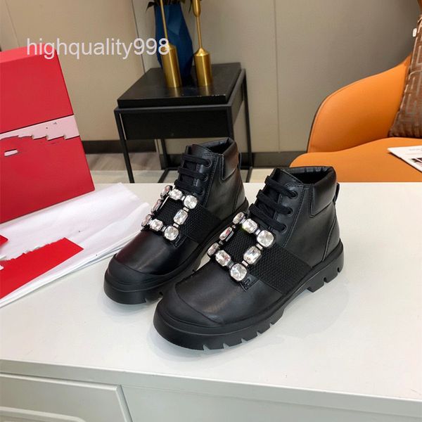 

dress shoes high end quality flat shoes women's buckle single diamond short boots water round head lace up leather, Black