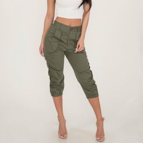 

women's pants & capris women casual cargo elastic waist trousers high 3/4 sweatpants pockets solid slim fit pencil bottoms, Black;white