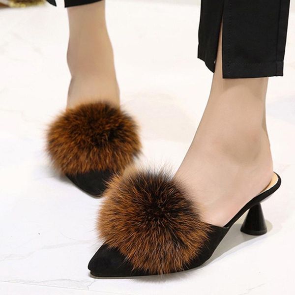 

slippers thin high heels fur for women pointed toe sinlge shoes woman large size fashion lazy casual heeled, Black